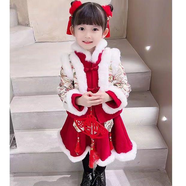 Girls' Winter New Year Hanfu: Fleece-lined Chinese Style Tang Suit for Toddlers and Children.