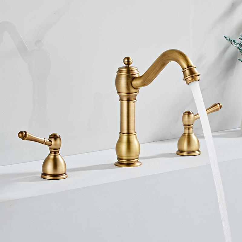 Schwarzer Massivmessing Badezimmer Waschbecken Armatur Antikmessing Küchenspüle Wasserhahn Doppelgriffe 3 Stück Waschbecken Armaturen