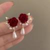 Vintage Red Velvet Rose Pearl Stud Earrings - Silver Needle Bridal Accessories