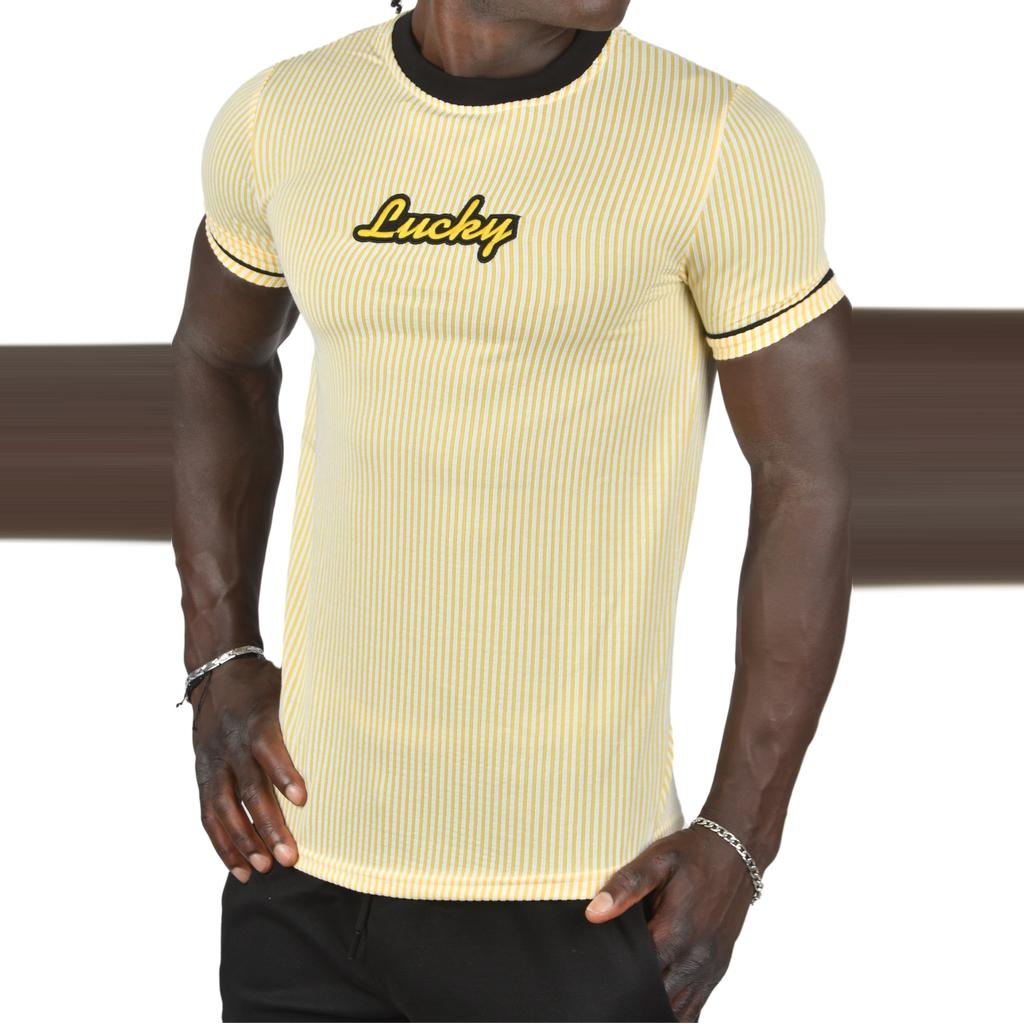 DeepSEA Slim Fit Lycra Striped Collar and Striped Sleeves Lucky Text T-Shirt 2403201