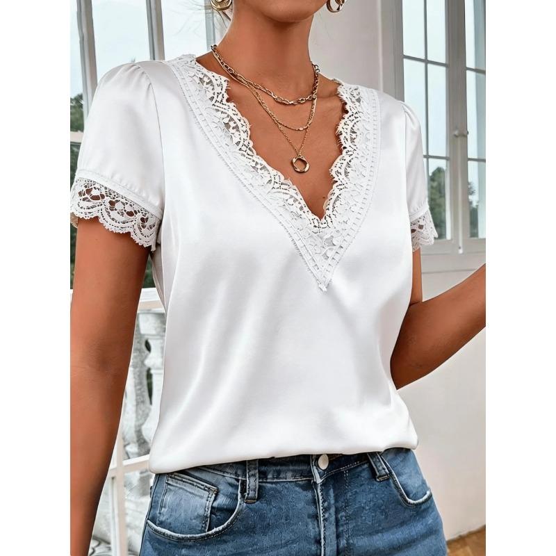 Womens Lace V Neck Satin Short Sleeve Puff Sleeve Casual Blouse S