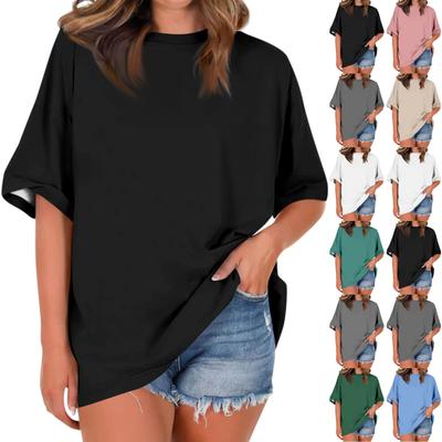 Shirt For Women's Fashion Casual Falling Shoulder Sleeves Round Neck Short Sleeve Loose Solid Color T-Shirt Ladies Top
