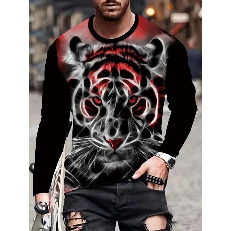 Spring and Autumn Round Neck 3D Lion Pattern Printed Top Fashionable Casual Long Sleeved Men's T-shirts