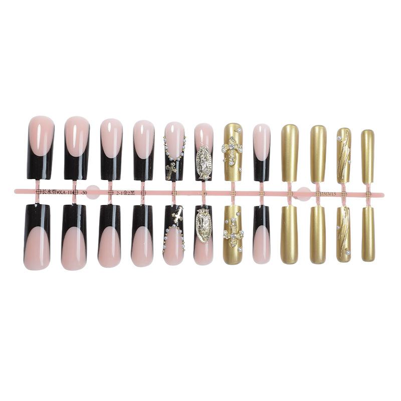 

Накладні нігті-труни Довгі квадратні накладні нігті Французький кінчик Ніготь на клею із золотим дизайном Багаторазові штучні акрилові нігті Повне покриття Наклейки для нігтів для жінок