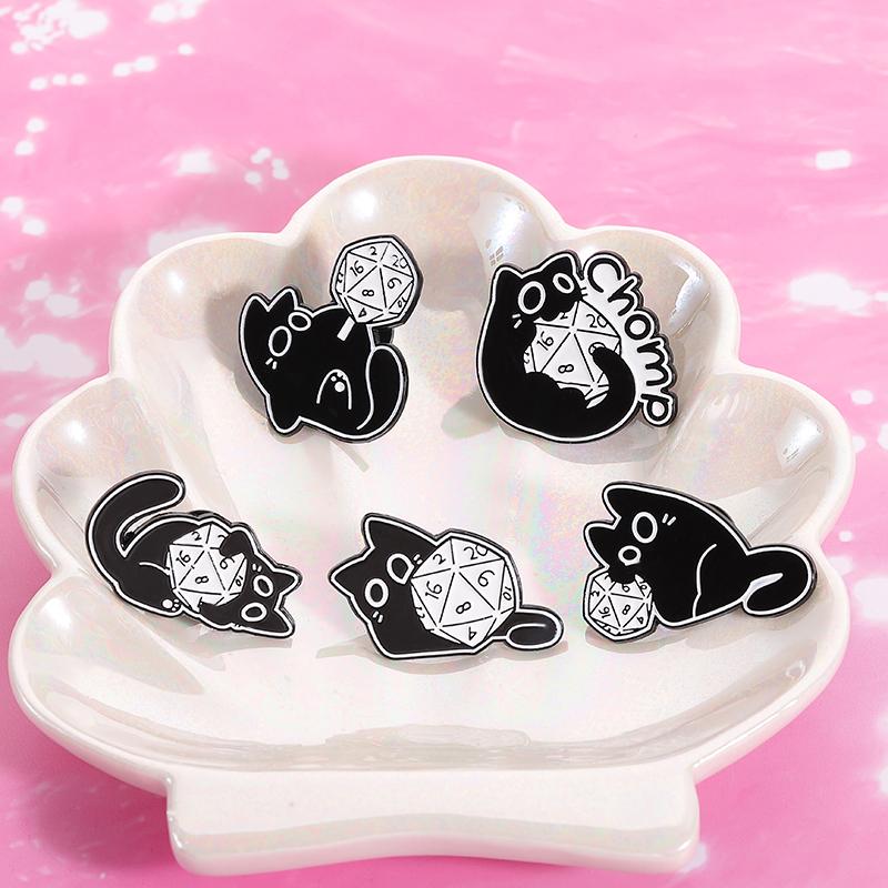 Cool RPG Game Dice Black Cats Enamel Pins Cartoon Big Eyes Kitten Animal Brooches Lapel Badge Fashion Jewelry Gifts For Friends