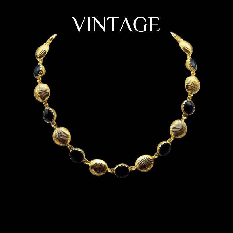 Vintage Electroplated Genuine Gold Temperament Versatile Round Three-dimensional High-end Black Navy Blue Necklace Set