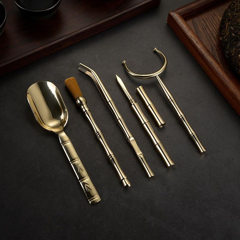 Brass Tea Ceremony Tools Set 5-Piece Grooming Kit Gongfu Brewing With Spoon Tongs Brush Knife Fork