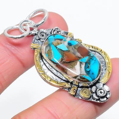 Natural Two Tone- Spiny Oyster Gemstone 925 Sterling Silver Pendant 2.21" B4v61