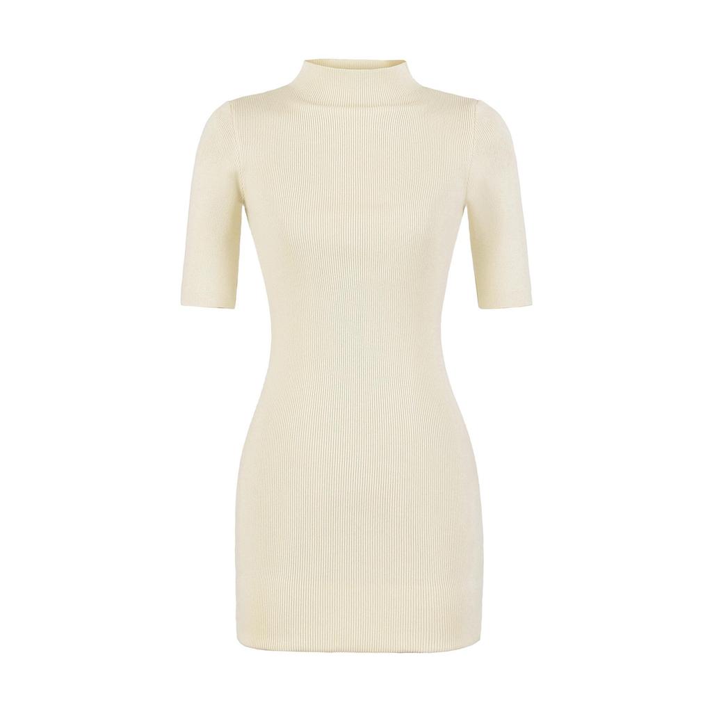 American Spicy Girl Sexy Half-High Collar Mini Dress with Waist-Cinched A-Line Skirt and Five-Point Sleeves