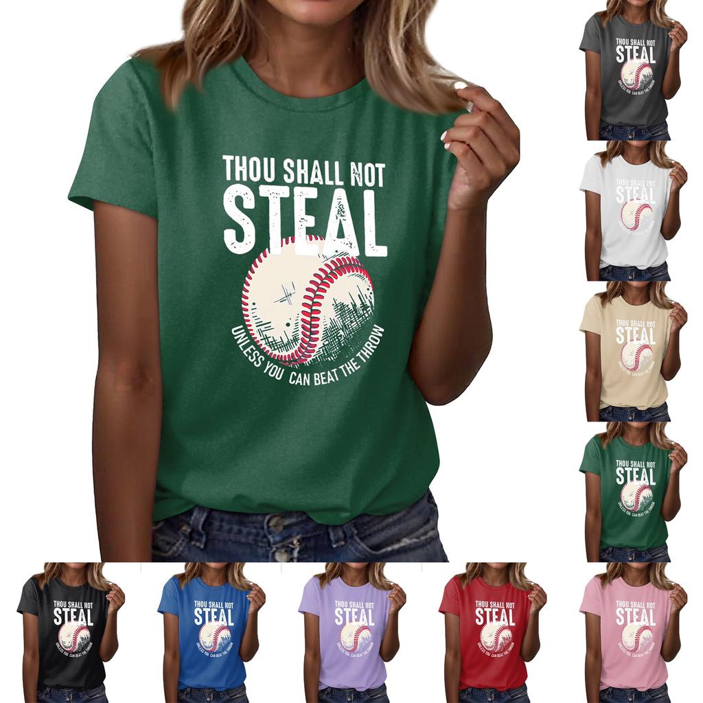 Women's Casual Baseball Print T-shirt Round Neck Pullover Short Sleeve Top
