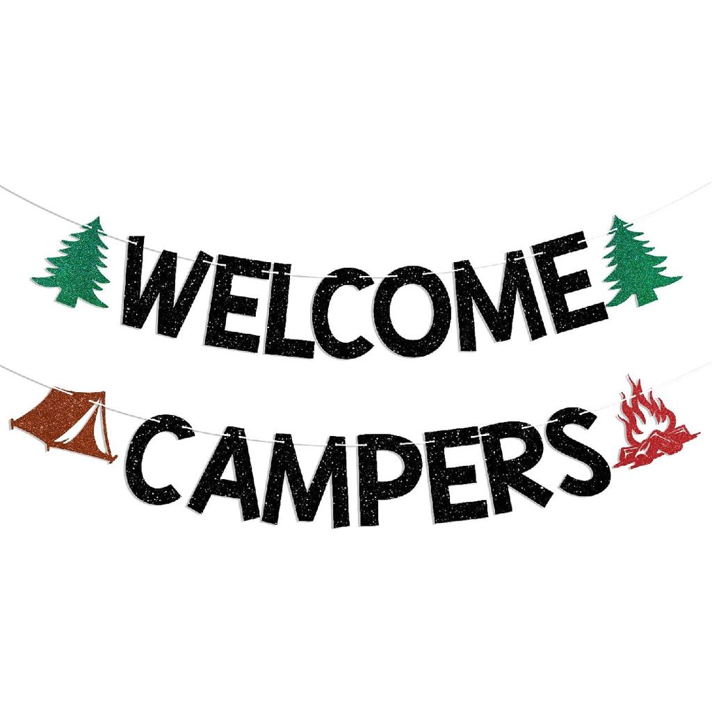 Welcome Campers Banner - Camping Theme Birthday Bachelorette Party Decor, Family Camp Day Party Decor, Forest Adventure Baby Shower Decorations