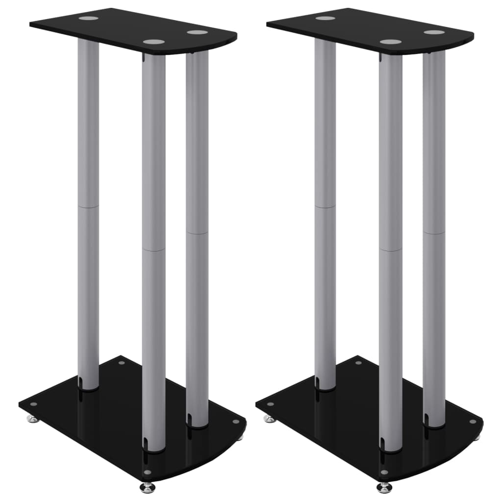 Speaker Stands (2 Pcs) Black & Silver Tempered Glass 3 Column Design
