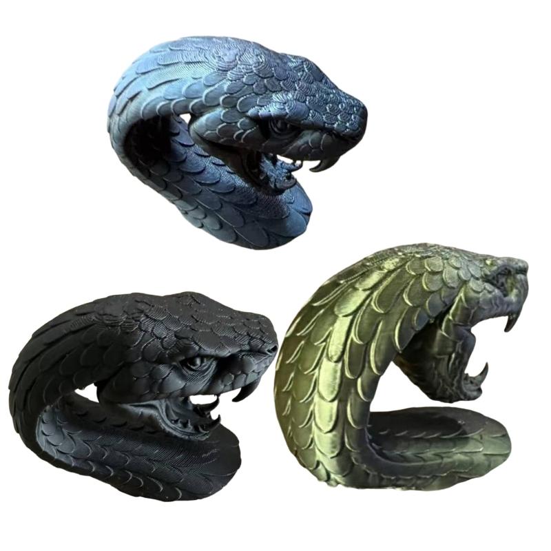 3D Printed Snake Sculpture Decors with Open Mouth Head Design and Layered Scale Detail, Tabletop Statue for Shelf Display