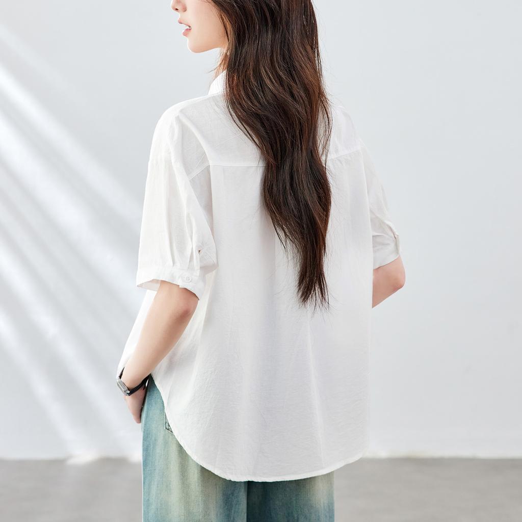 Latest Summer Korean Short-sleeved Blouse for Women Korean Relaxed Fit Double Pocket Thin Versatile Mid-sleeved V-neck