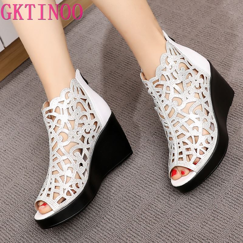 Fashion GKTINOO 2025 Summer New Open Toe Hollow Rhinestone Shoes Wedge Sandals High Heel Sandals Fashion Elegant Women Sandals