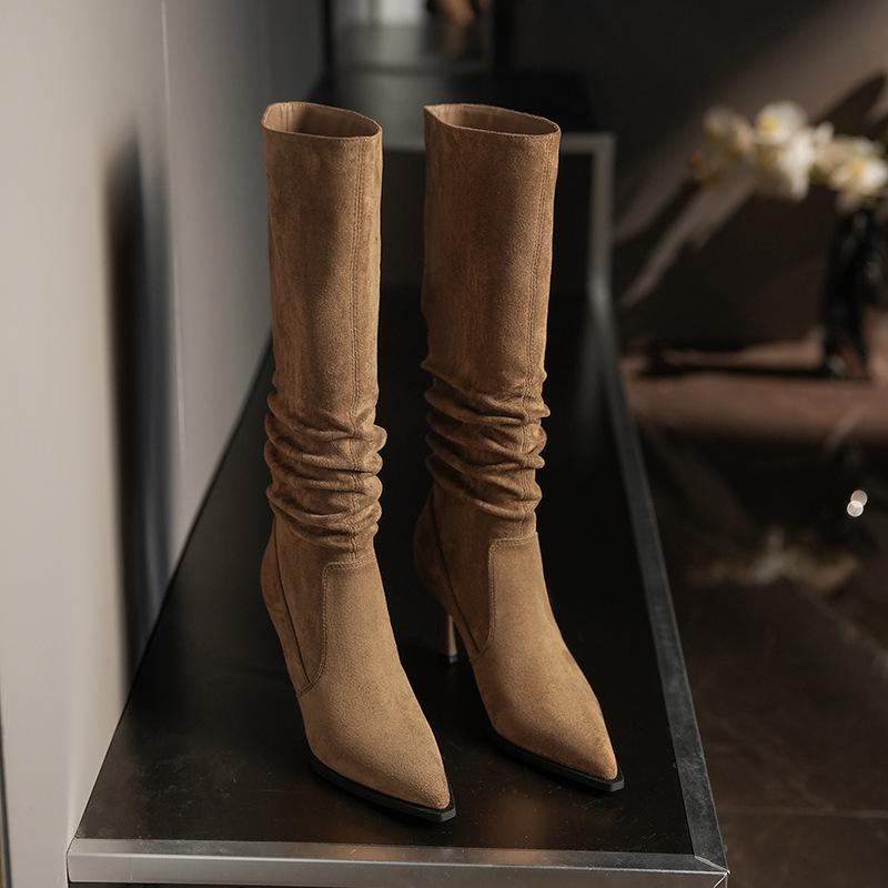 

American Hot Girl Stiletto Pointed Toe Knee-High Boots with Wrinkled Design and Large Calf Fit 37 чёрный