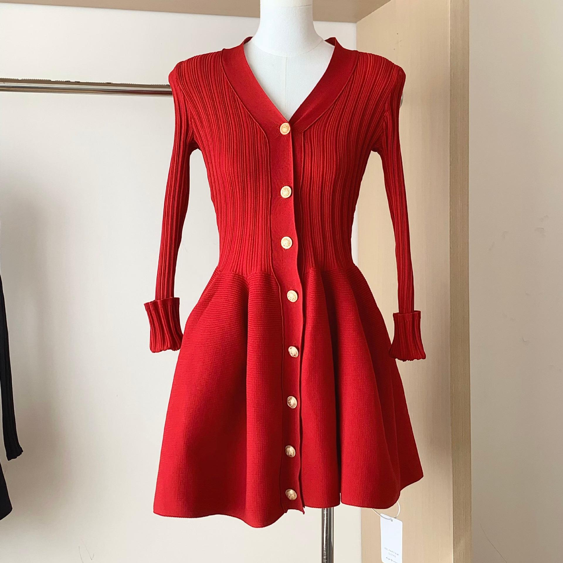 

Women s French V-Neck Lace-Up Slim Fit Long Sleeve Wool Dress for Autumn/Winter Large червоний