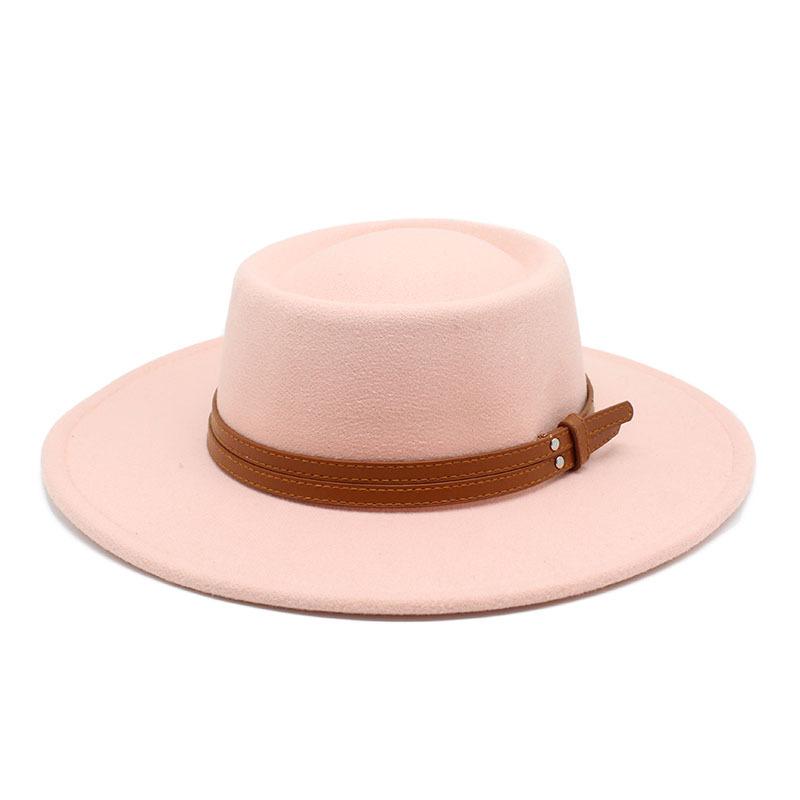 French Double Belt Buckle White Woolen Hat Flat Top Top Hat Female British Retro Style Wide Brim Felt Hat