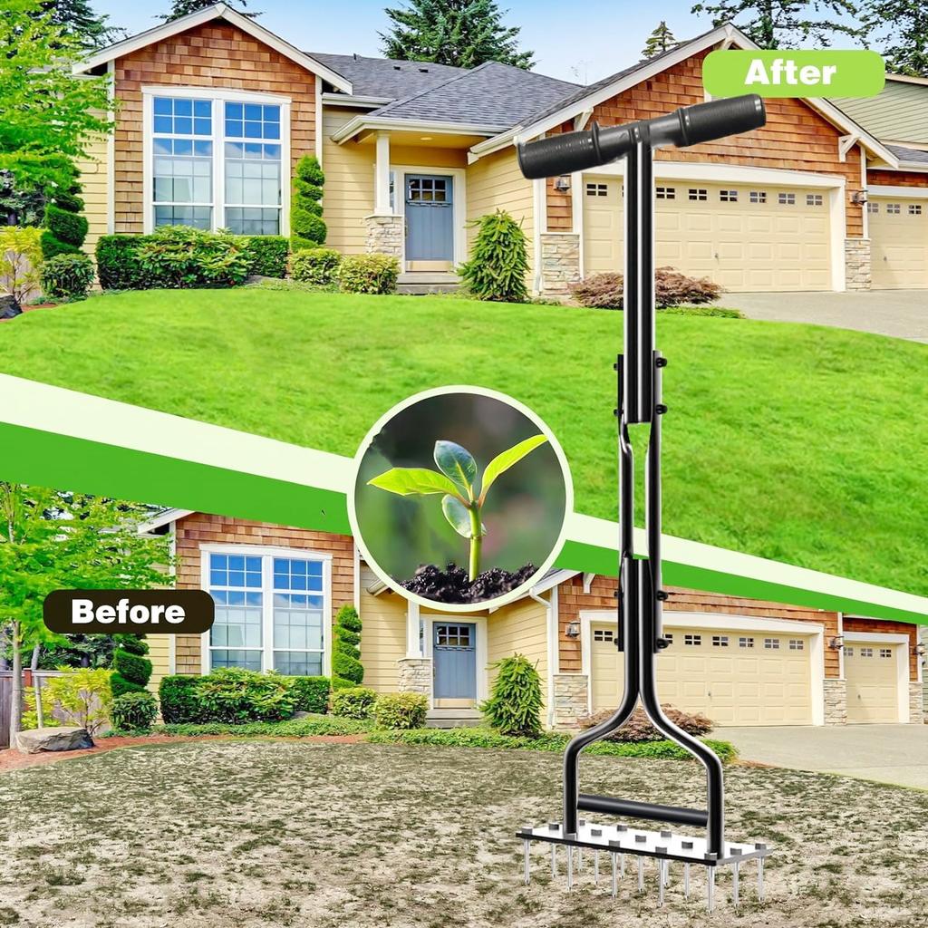 Lawn Aerator Spike Manual Tool with 15 Iron Spikes 2 In 1 Grass Soil Aeration Tool for Lawn Air Aerator Garden & A Cleaning Tool
