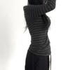 Harajuku Basic Slim Long Sleeve Stripe Tee Off Shoulder O Neck Korean Street Style Spring Autumn Y2K Women's Gray T Shirt