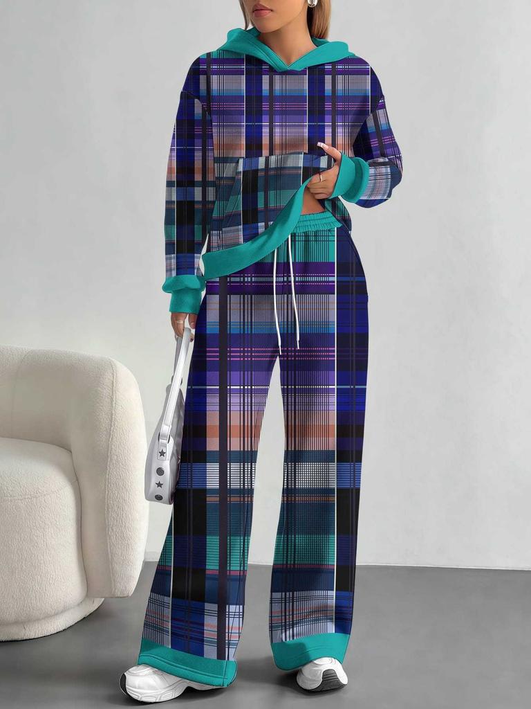 Square Splicing European, American Autumn and Winter Casual Long-sleeved Suit Women's Hooded Sweater Trousers Two-piece Set