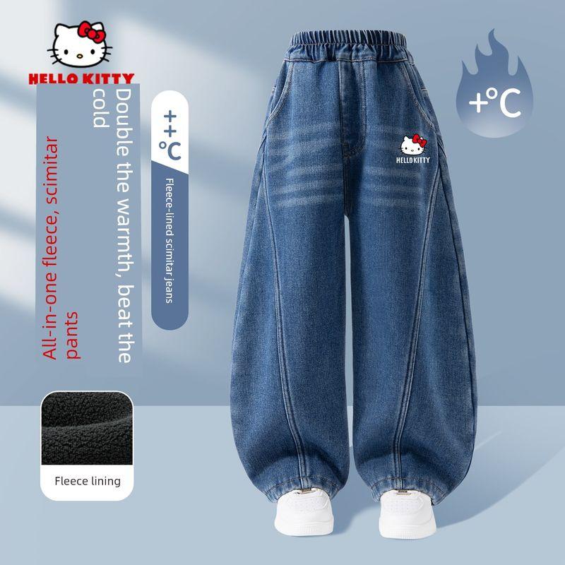 Hello Kitty Girls' Fleece-Lined Jeans Children's Cotton Pants Integrated Fleece Long Pants Thickened Pants Children's Winter Clothing