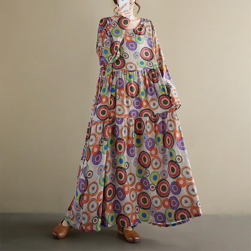 Dimanaf 2025 Women Plus Size Spring Long Dress Loose Basic Printing Vintage Casual Floral Oversize Long Sleeve Maxi