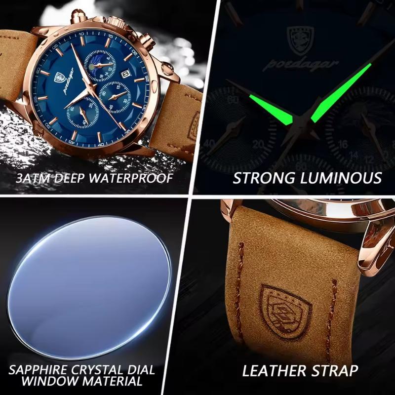 POEDAGAR Luxury Man Wristwatch Sports Leather Quartz Watch Waterproof Luminous Calendar Chronograph Watches Male Clock