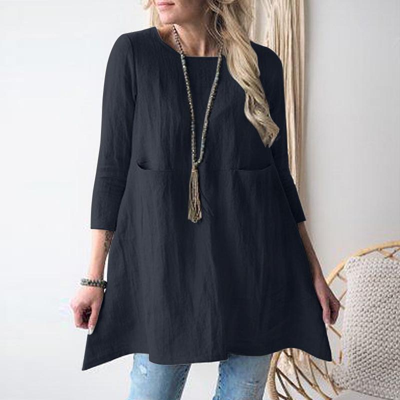 European and American Loose Round Neck Cotton Linen Women's Dress, Three-Quarter Sleeves (2023)