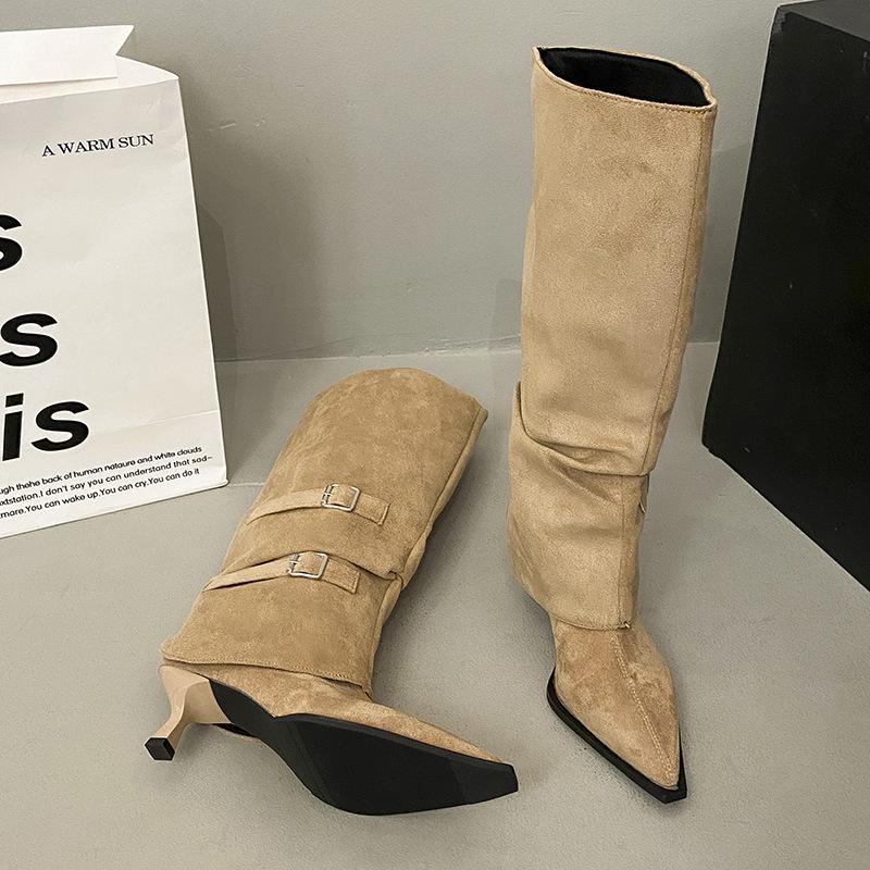 Korean Version Suede Pleated Piled Boots Long Boots Women's Autumn and Winter New Suede Two Wear Thin Heel Back Zipper High Heel Women's Boots