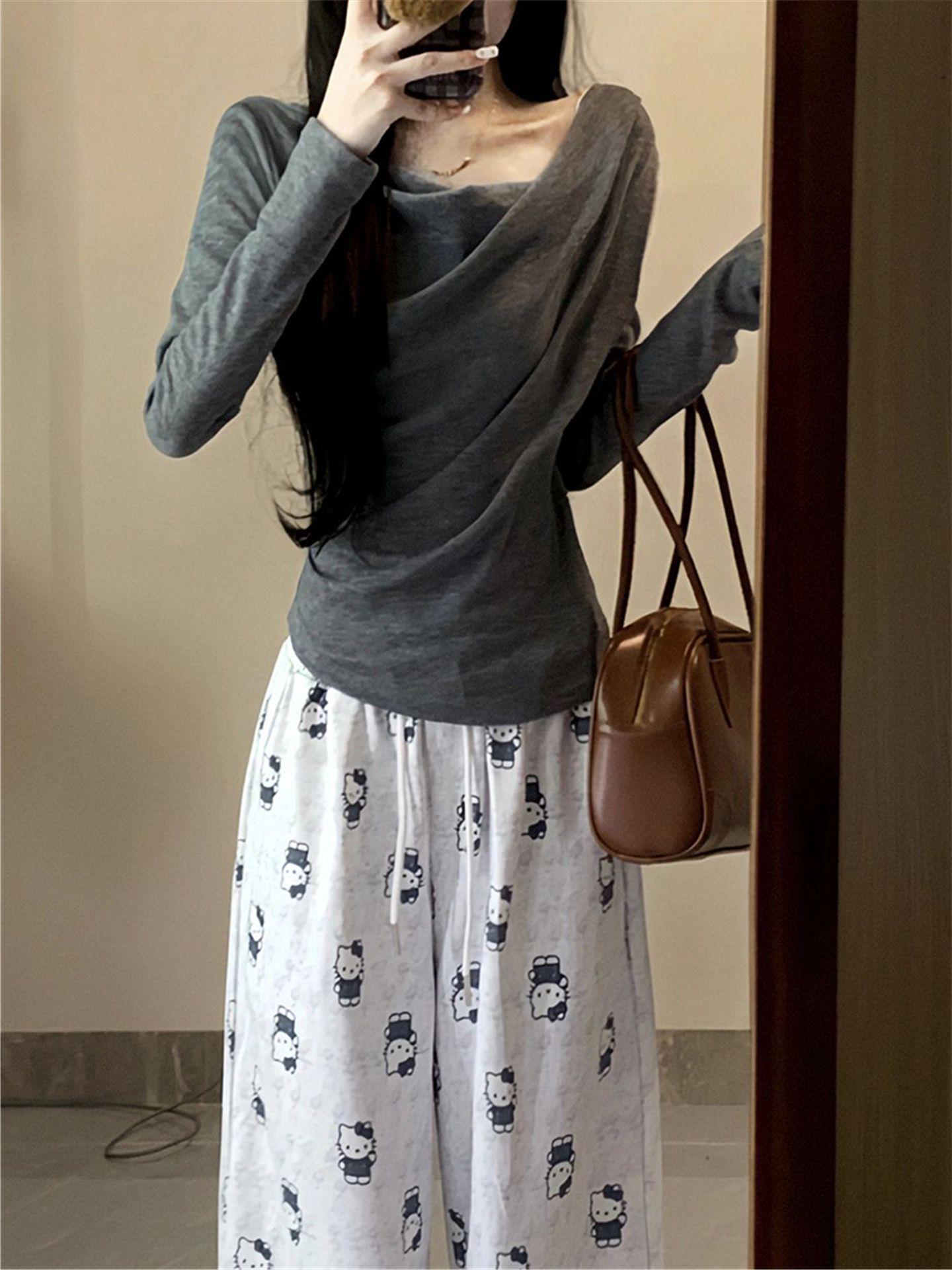 

American Spicy Style Women s Batwing Long Sleeve Slimming Top - Autumn Fashion Solid Color Medium серый