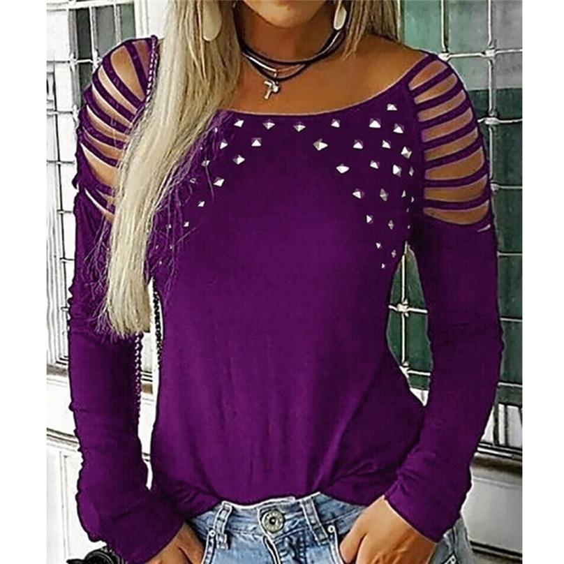 European Style Autumn Fashion Ladies O-neck Cutout Diamond Long-sleeved T-shirt