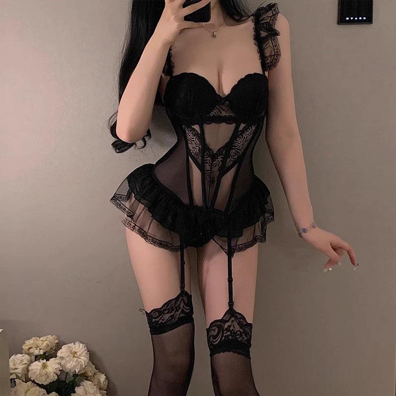 Slimming Sexy Lingerie Set: Padded Sleepwear with Underwire Vest, Quick-Release Puff Skirt, and Waist Cincher