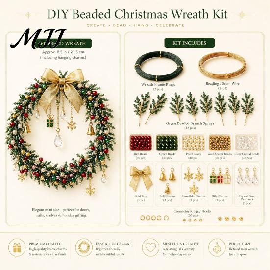 Fun Bead Projects for All Ages Beaded Christmas Wreath DIY Kit, Holiday Craft Kit with Colorful Beads Decorative & Ornament Charms, Seasonal