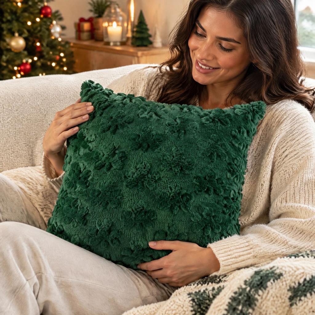 Christmas Tree Heart Embroidered Throw Cover for Sofa and Living Room Holiday Decor