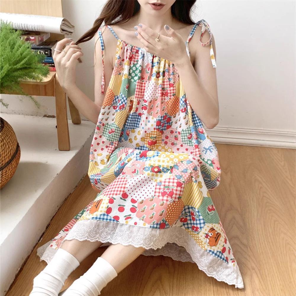 Strap Sleeveless Suspender Dress Women's Summer New Dopamine Lace Splicing Loose and Thin Medium and Long Dress
