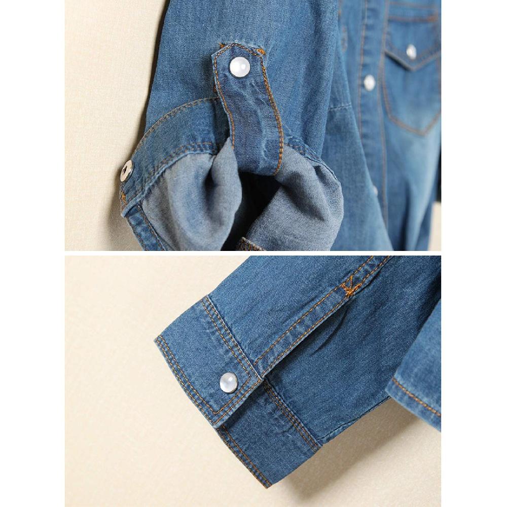 Damen 3/4-Ärmel Denim Crop Top Knotenhemd Strickjacke