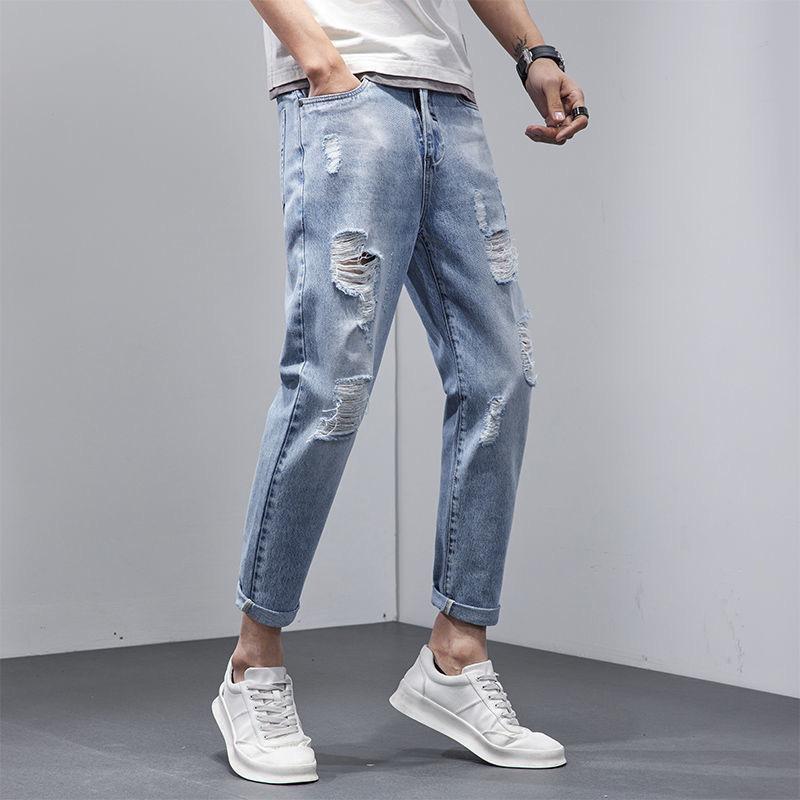 Men s All Match Casual Ripped Denim Trousers For Everyday Wear 28 синий