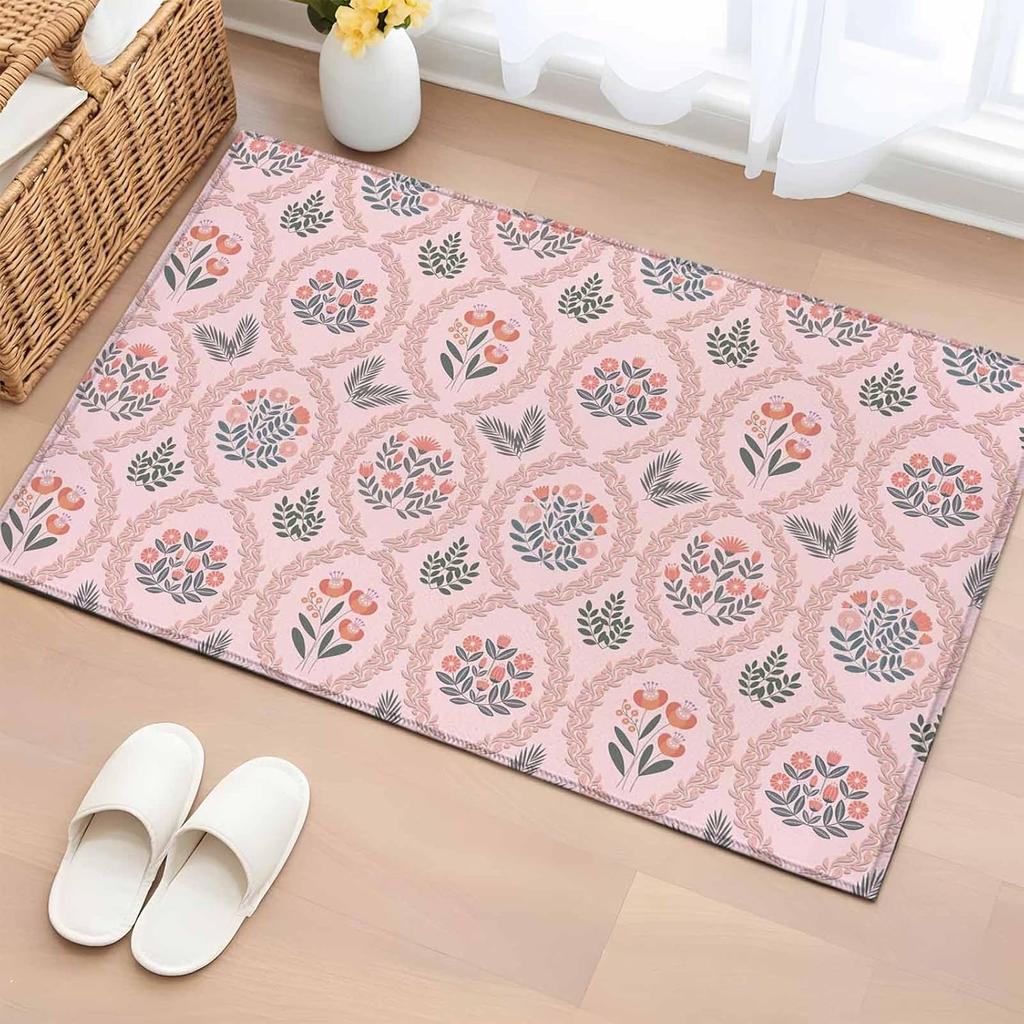 Vintage Botanical Door Mat Pink Flower Pattern Entrance Rug Retro Plant Arch Indoor Welcome Mat Soft Non-Slip Home Hallway Decor