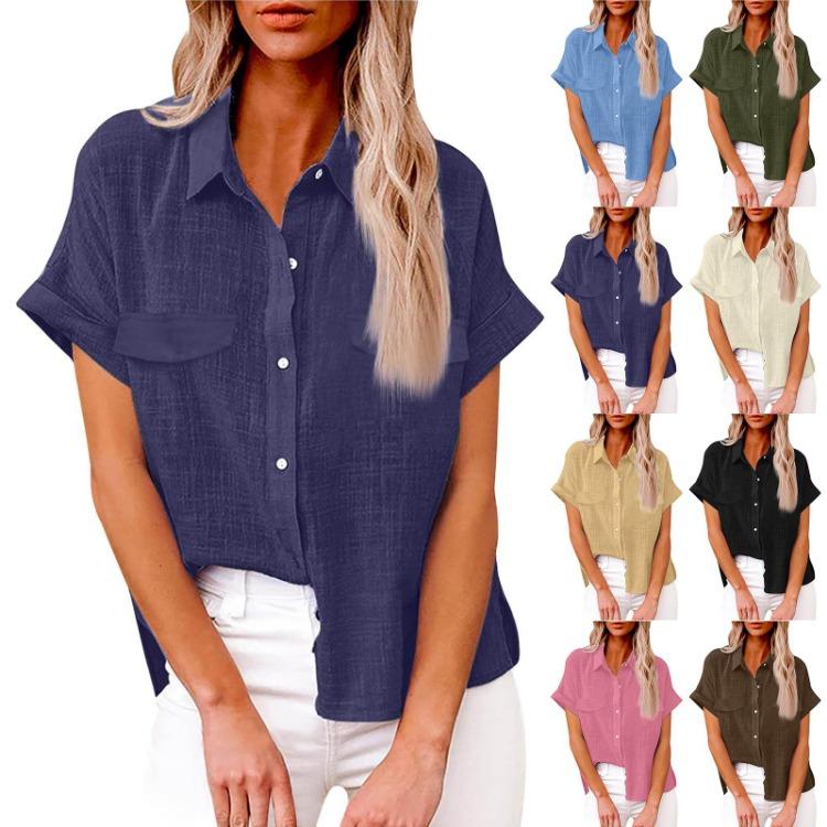 Women Casual Shirt Loose Fit Short Sleeve Button Up Top Cotton Linen Blend Fashionable
