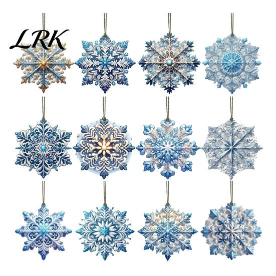 Ice Snow Theme Party Supplies 12 Pcs Wooden Snowflake Ornaments, Blue Winter Christmas Tree Hanging Decoration, Reusable Favors Double Sided