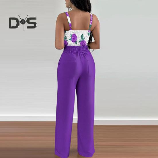 Summer Two Piece Outfits for Women Sleeveless V-neck Halter Tank Top Wide Leg Pants Set Summer Casual Floral Print Matching Suit