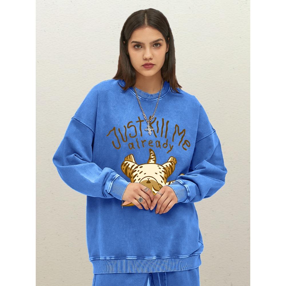 Just Kill Me Already Cartoon Cat Pattern Womens Washed Sweatshirts Autumn Comfortable Clothing Cotton Oversized Woman