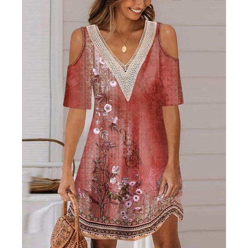 Dámská móda Léto Jaro Květinový potisk 1/2 rukávy Výstřih do V Volný pas Šaty pro volný čas