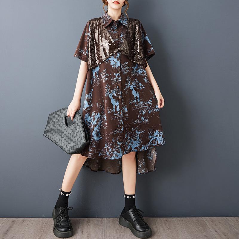 2026 Retro Tie-Dye Sequin Patchwork Short-Sleeve Irregular Hem Shirt Dress L