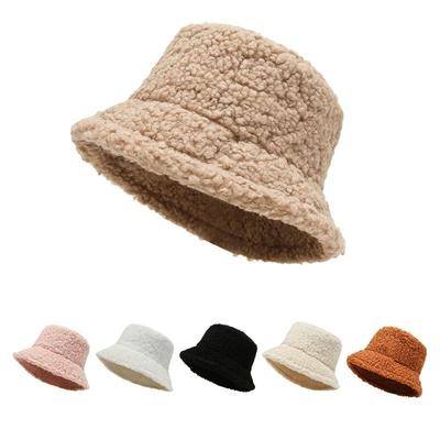 Solid Color Warm Female Cap Faux Fur Winter Bucket Hat for Women Outdoor Sunscreen Sun Hat Panama Lady Cap