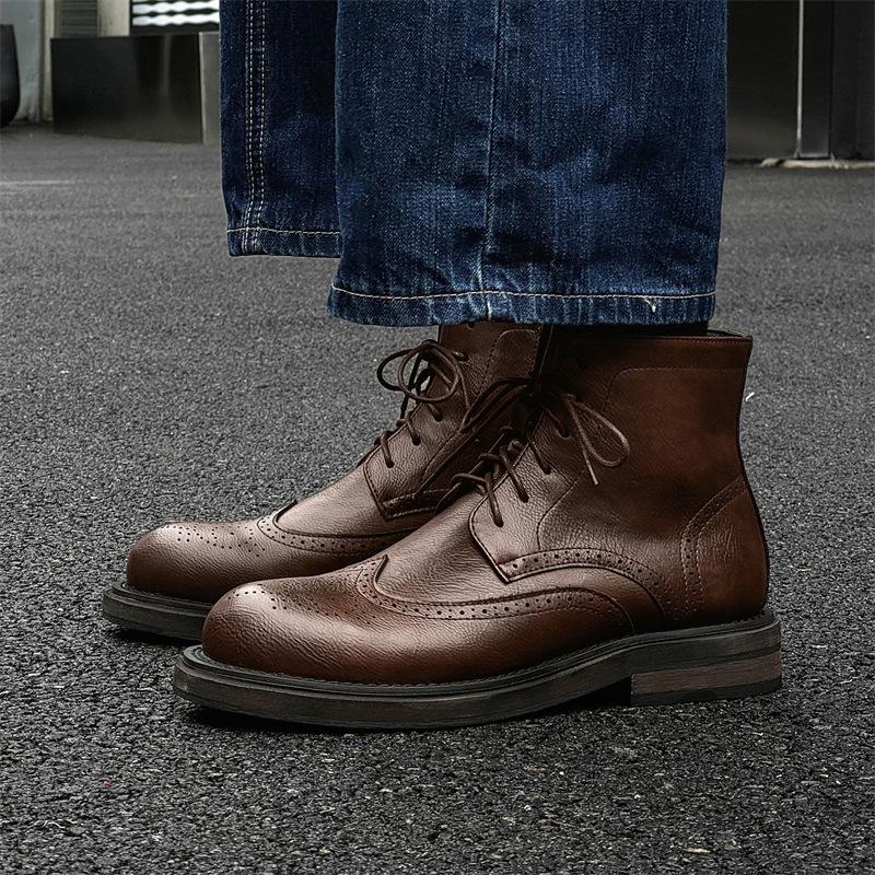 plus size men casual business office original leather boots carved brogue shoes black brown cowboy boot platform ankle botas man