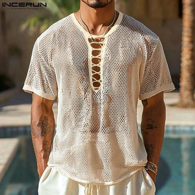 Netz Sommer Herren Kurzarm Durchsichtig Ausgeschnitten Bandage Tops