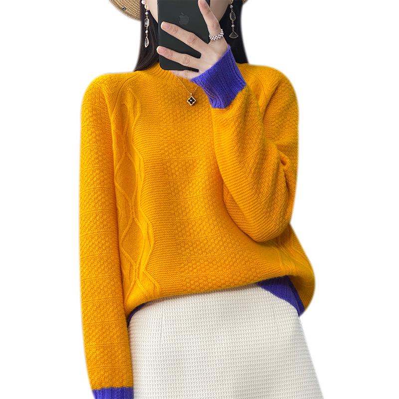 Women's Color-Block Knit Wool Sweater: Slimming, Thick, Round Neck Base Layer for Autumn and Winter