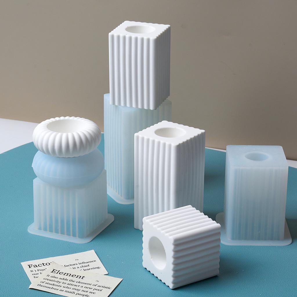 Square Striped Candle Holder Silicone Mold DIY Nordic Candlestick Ornament Making Plaster Resin Craft Casting Molds Home Decor